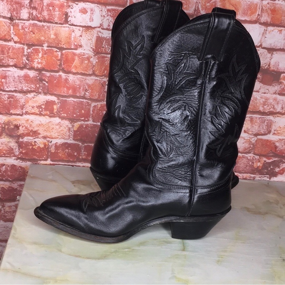 Justin Boots Black Leather Western Heeled Cowboy Boots - Picture 5 of 9